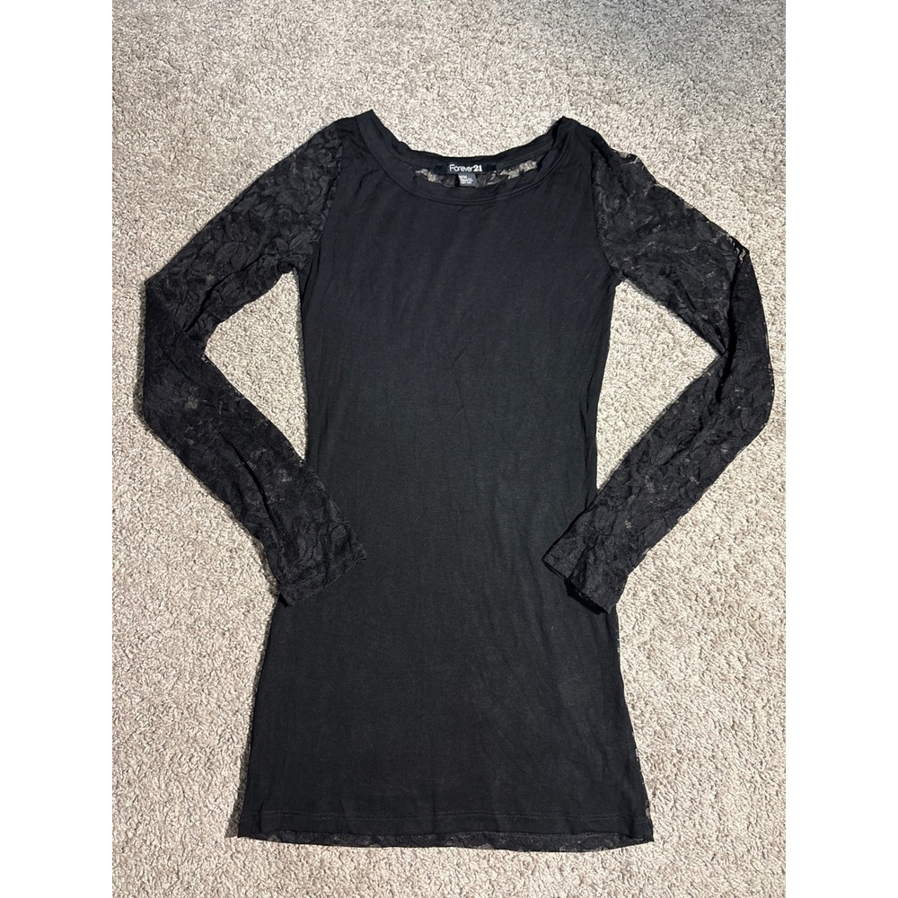 Y2K Forever 21 Black Long Sleeve Lace Mini Dress Scoop Neck Bodycon Size M